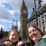 Jessica and Amy enjoy a double-decker bus tour in London, England. Note Big Ben in the background! (7/8/2006)