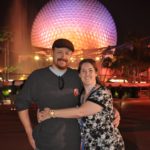 Andrew and Jessica pose in front of Spaceship Earth at Epcot, Walt Disney World. (2/1/2012)